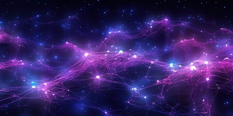 Purple hues enhance the glowing nodes of this intricate digital network with bright links