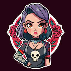 Tshirt sticker of a Rebel Chic Illustrate rebellious yet chic sticker featuring a girl with attitude wearing a tee adorned with edgy motifs like skulls, roses, or abstract designs, conveying a sense 