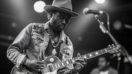 Obraz premium Guitarist in the Spotlight: Capturing the Essence of Live Performance