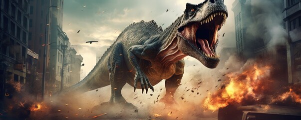 Tyrannosaurus Rex dinosaur. Destruction of city street. Dangerous monster attacks. 3D Prehistoric...