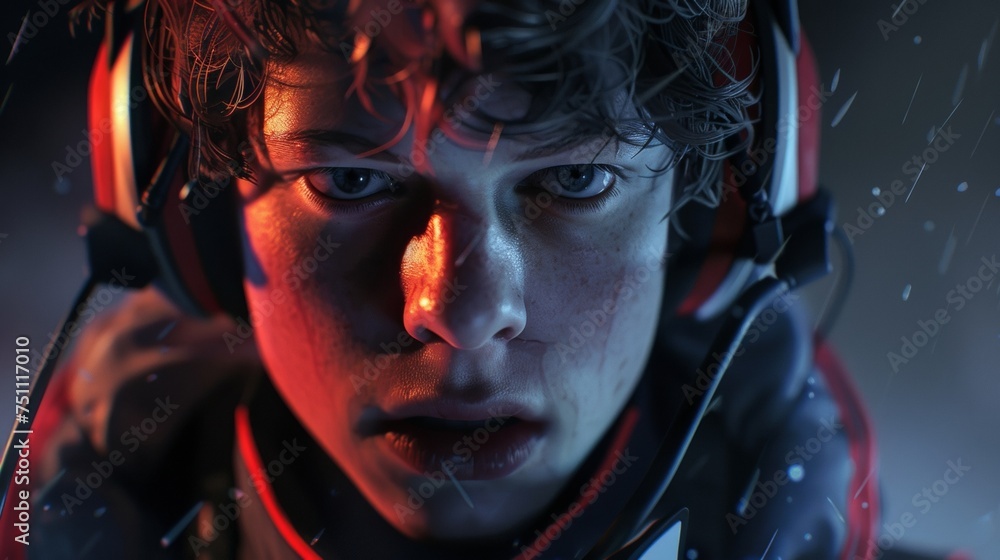 Poster the intense gaze of a player with a headset covering their ears as they listen for team communicatio