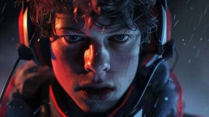 The intense gaze of a player with a headset covering their ears as they listen for team communication and exee precise movements in the game.