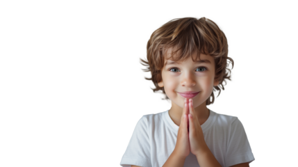 Portrait of a kid with a white t-shirt praying