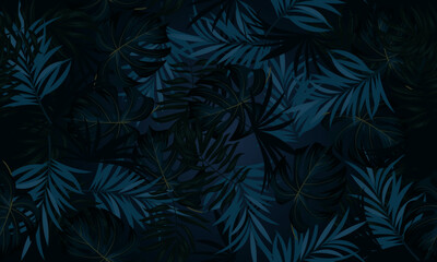 Tropical leaves seamless pattern. dark background. exotic tropical background. floral elegant. - obrazy, fototapety, plakaty