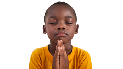 Portrait of a black kid with a yellow t-shirt praying
