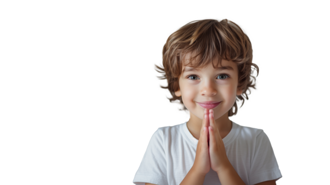 Portrait of a kid with a white t-shirt praying