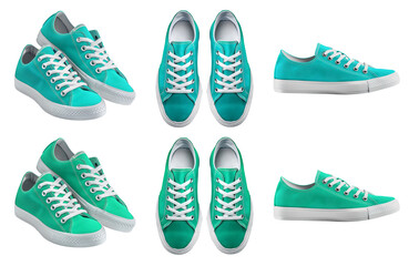2 Set of plain turquoise blue green sneaker lace up sport-shoe sports shoe front top side view transparent background cutout, PNG file. Different angle Mockup template for artwork graphic design