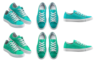 2 Set of plain turquoise blue green sneaker lace up sport-shoe sports shoe front top side view transparent background cutout, PNG file. Different angle Mockup template for artwork graphic design