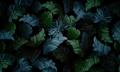 Fototapeta na wymiar Tropical leaves seamless pattern. dark background. exotic tropical background. blue and green nature dark.