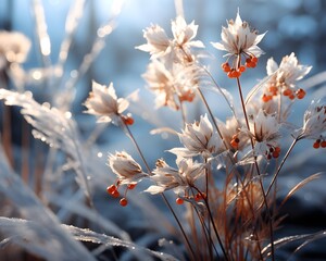 Close-up of wildflowers in hoarfrost. Winter background