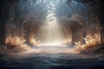 Foggy winter forest with ice and snow. 3d rendering