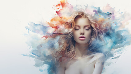 Watercolor illustration of a beautiful blond woman. Her eyes are closed as if in a dream-like state. Bare shoulders.