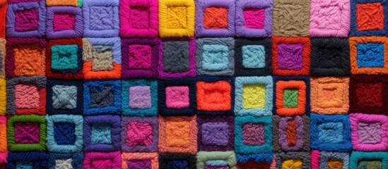 A handmade woolen blanket featuring a variety of colorful crocheted squares, creating a vibrant and visually striking pattern. Each square is intricately stitched together to form a cozy and unique