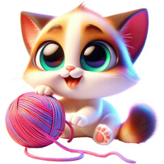 Fototapeta premium A cute animated kitten with big expressive eyes plays joyfully with a ball of pink yarn in this vibrant and charming 3D illustration.