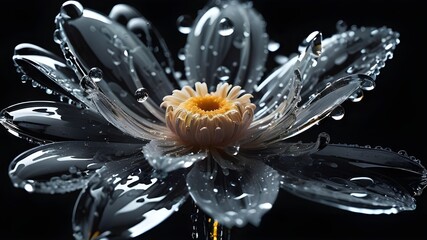 Glass flower, damp black background, water splashes, nano, luminescent, macro, closeup