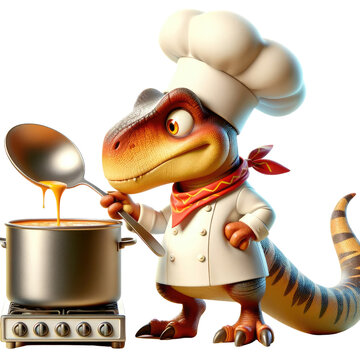 Animated dinosaur in chef attire tasting soup with a silver spoon, against a black background.