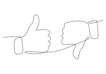 continuous line drawing of a hands showing thumb up and down. Symbol of great sign and bad sign. Like and dislike concept vector illustration. Vote gesture with fingers one line art.