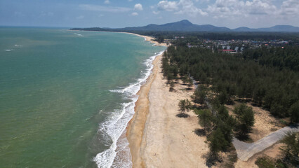 Top view of Panare Beach is a beautiful, clean white beach. fresh air The surrounding area has long shady pine trees, beautiful and suitable for relaxing. Located at Pattani Province in Thailand.