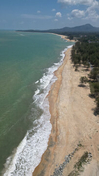 Top view of Panare Beach is a beautiful, clean white beach. fresh air The surrounding area has long shady pine trees, beautiful and suitable for relaxing. Located at Pattani Province in Thailand.