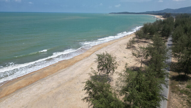Top view of Panare Beach is a beautiful, clean white beach. fresh air The surrounding area has long shady pine trees, beautiful and suitable for relaxing. Located at Pattani Province in Thailand.