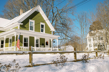 Green house in new england after snow storm in winter