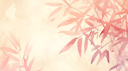 ピンクのモノクロームの笹の葉の水彩イラスト背景