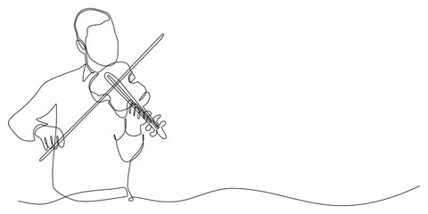 One line violinist vector illustration. Single line drawing of man standing playing violin music instrument.