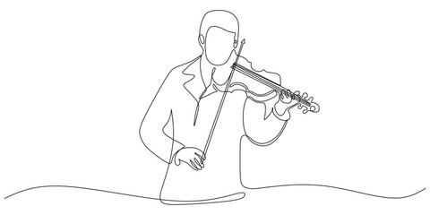 One line violinist vector illustration. Single line drawing of man standing playing violin music instrument. © berkahlineart