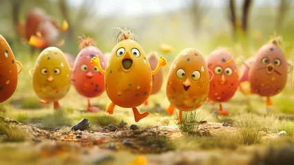 Foto op Plexiglas Bunte Ostereier mit Gesichtern und Körper tanzen fröhlich freigestellt isoliert Marketing zu Ostern Eier färben Generative AI © Imagecreator