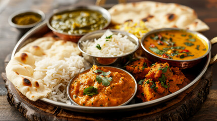 A thali with creamy curries, naan, and rice garnished with cilantro on a rustic table,ai generated