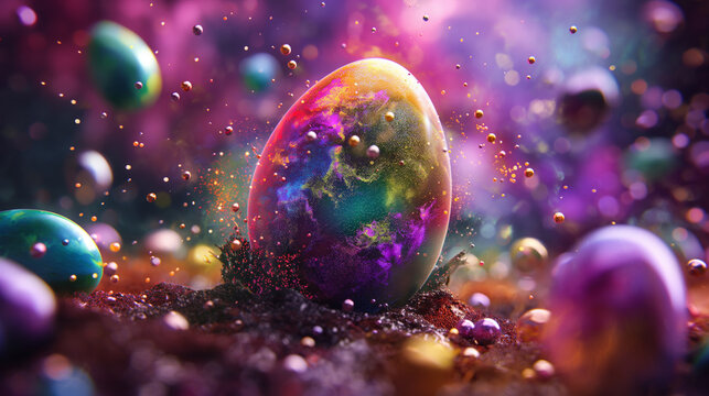 Eine EGG-splotion ist einer Farbexplosion zu Ostern wo Ostereier wie Granaten in Farbe einschlagen und neonfarben in Rauch und Spritzer aufl&ouml;sen Marketing Vorlage zu Ostern Generative AI