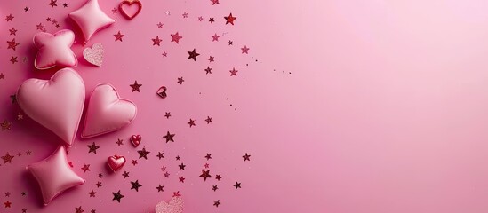 Fototapeta na wymiar A pink background filled with an array of pink hearts and stars, creating a whimsical and playful atmosphere. The hearts and stars are scattered across the image, giving it a cheerful and joyful look.