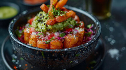 Tasty Mexican snack with seasoned fries topped with guacamole and pico de gallo,ai generated - obrazy, fototapety, plakaty