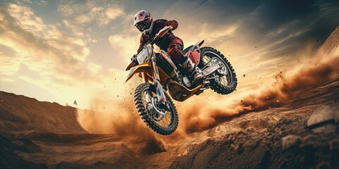 motorcycle stunt or car jump. A off road moto cross type motor bike, in mid air during a jump with...