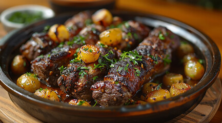 Grilled meat with roasted potatoes and herbs served in a sizzling skillet, ai generated