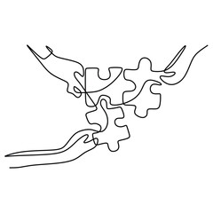 continuous line drawing of hands solving jigsaw puzzle Concept vector Partnership Coworking illustration