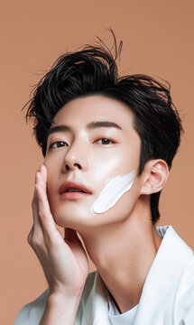 Close up portrait handsome man applying facial cream smile look at camera, after shave beauty skincare products.AI