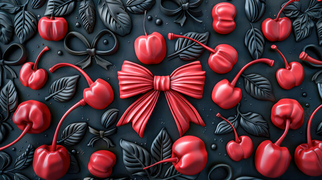 Old school seamless pattern with rose, cherry, bow and other elements.Generative AI