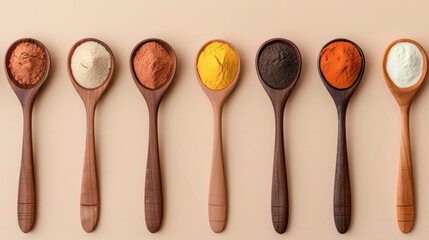 Various spices in wooden spoons, top view. Generative AI