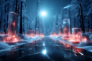 Futuristic city in a winter forest. 3d rendering. - Powered by Adobe