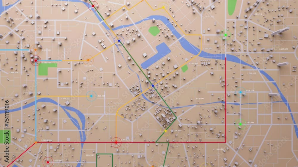 Poster 3d rendering top view city map with navigator line and destination gps technology transportation, fu