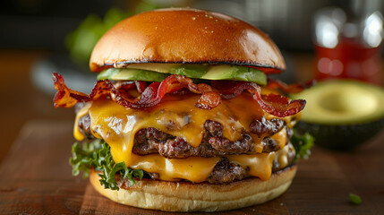 Mouthwatering double patty cheeseburger with bacon, cheese, and lettuce on a sesame bun,ai generated
