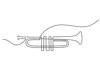 One line drawing of trumpet design. Classical jazz music instrument. Vector illustration simple continuous outline style. © berkahlineart
