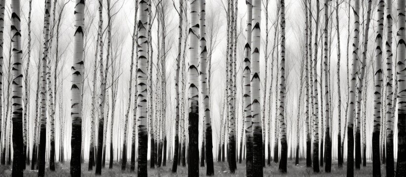 A black and white photograph showcasing a grove of majestic birch trees standing tall in a serene forest background.
