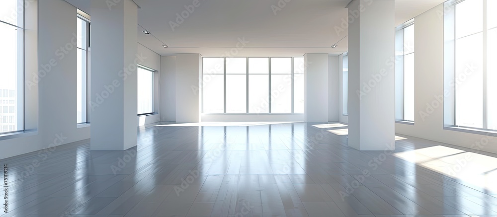 Poster this image showcases an empty room with white walls and large windows, creating a modern and spaciou