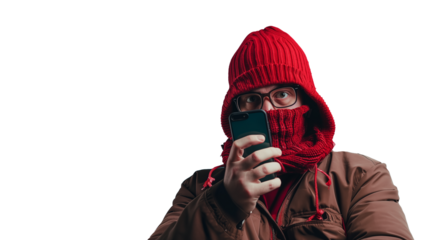 Portrait of a funny hacker threatening and holding a mobile phone on a transparent background