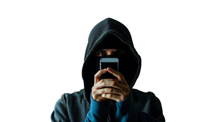 Portrait of a hacker threatening and holding a mobile phone on a transparent background