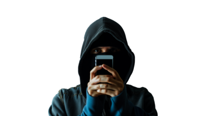 Portrait of a hacker threatening and holding a mobile phone on a transparent background