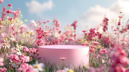 Fototapeta na wymiar podium product Stage showcase for cosmetic product , pink booth, Outdoor grass, flower gathering, e-commerce background, Octane Render, vibrant holographic gradient.