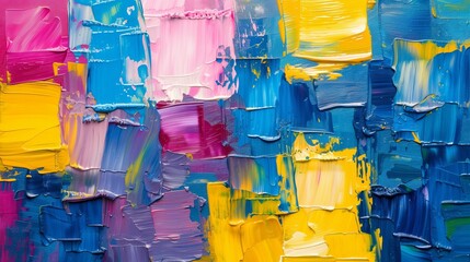 Abstract colorful oil painting in blue, yellow, purple, pink and marroon colors on canvas. Oil...